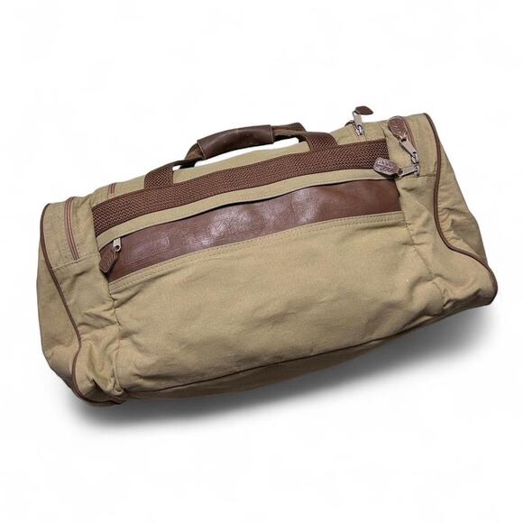 Eddie Bauer Ford Vintage 90s Weekender Duffle Travel Bag Khaki Canvas Leather - Picture 2 of 7